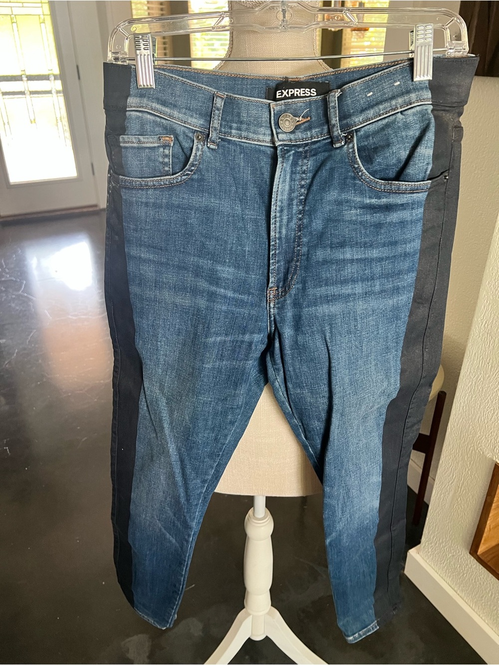 Express womens Blue Denim Jeans with Black Side Panels